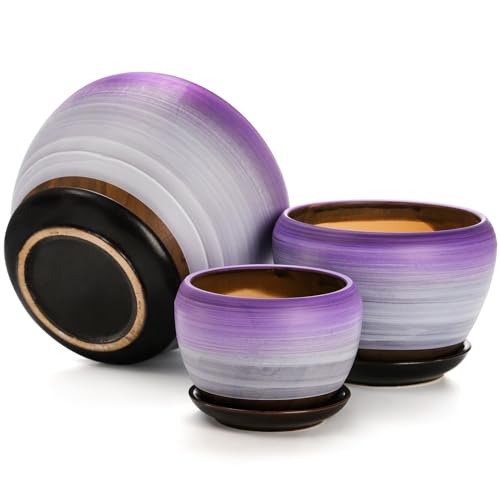 SOUJOY Set of 3 Ceramic Flower Pots, Gardening Plant Pot with Drainage Holes and Saucer, 7/5/4 inch Purple Round Succulent Herbs Cactus Planter for Indoor Outdoor - Image 3