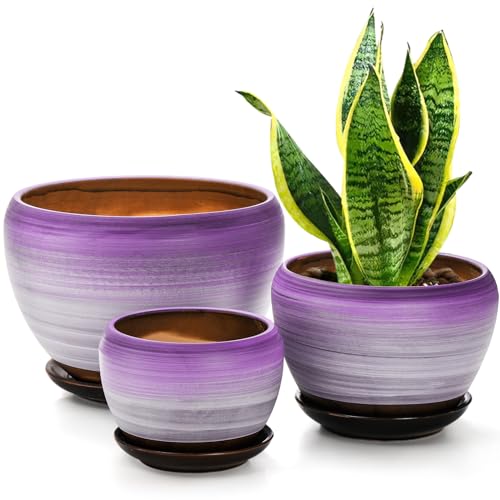 SOUJOY Set of 3 Ceramic Flower Pots, Gardening Plant Pot with Drainage Holes and Saucer, 7/5/4 inch Purple Round Succulent Herbs Cactus Planter for Indoor Outdoor - Image 1