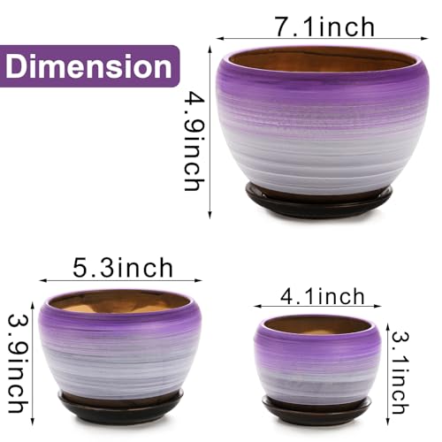 SOUJOY Set of 3 Ceramic Flower Pots, Gardening Plant Pot with Drainage Holes and Saucer, 7/5/4 inch Purple Round Succulent Herbs Cactus Planter for Indoor Outdoor - Image 2