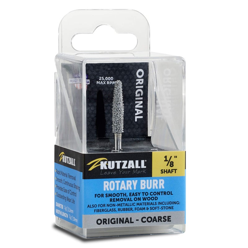 Kutzall Original Taper Rotary Burr, 1â„8" Shaft, Coarse - Wood Carving Bit for Dremel, Foredom, DeWalt, Milwaukee. Abrasive Tungsten Carbide, 1â„8" (3.1mm) Head Dia. X 7â„8" (22.2mm) Length, T-18-E - Image 1