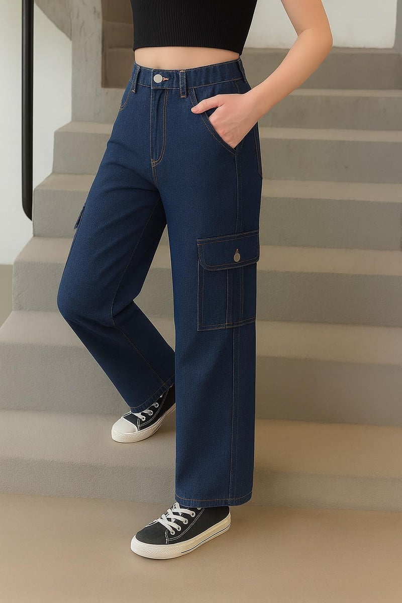 ADBUCKS Stretchable High Rise Cargo Style Wide Leg Jeans for Girls II Girls Jeans (in, Age, 11 Years, 12 Years, Dark Blue) - Image 3