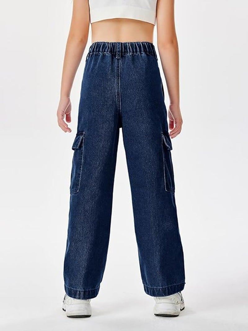 ADBUCKS Stretchable High Rise Cargo Style Wide Leg Jeans for Girls II Girls Jeans (in, Age, 11 Years, 12 Years, Dark Blue) - Image 5