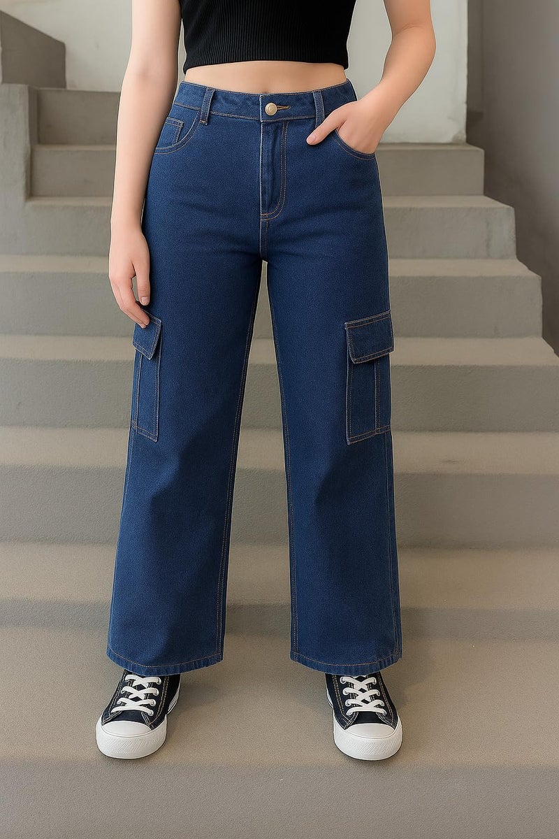 ADBUCKS Stretchable High Rise Cargo Style Wide Leg Jeans for Girls II Girls Jeans (in, Age, 11 Years, 12 Years, Dark Blue) - Image 2
