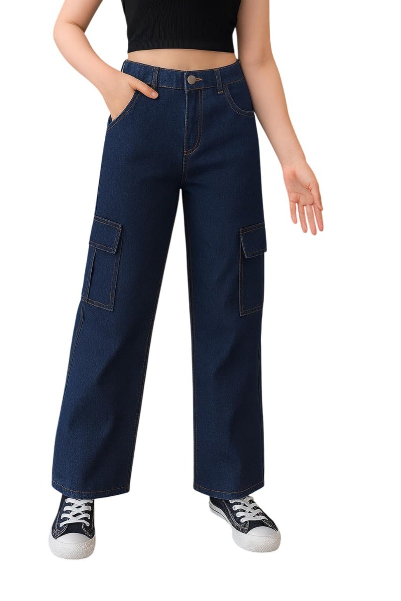 ADBUCKS Stretchable High Rise Cargo Style Wide Leg Jeans for Girls II Girls Jeans (in, Age, 11 Years, 12 Years, Dark Blue) - Image 1