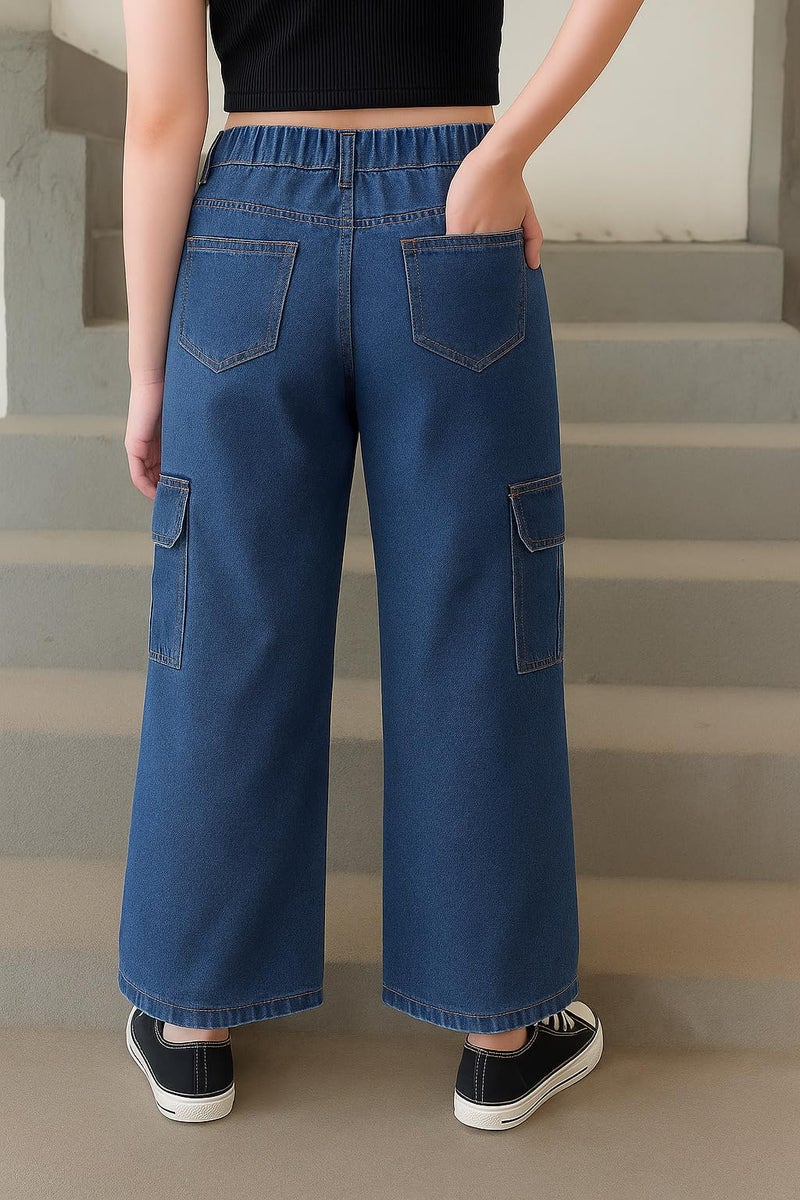 ADBUCKS Stretchable High Rise Cargo Style Wide Leg Jeans for Girls II Girls Jeans (in, Age, 11 Years, 12 Years, Dark Blue) - Image 4