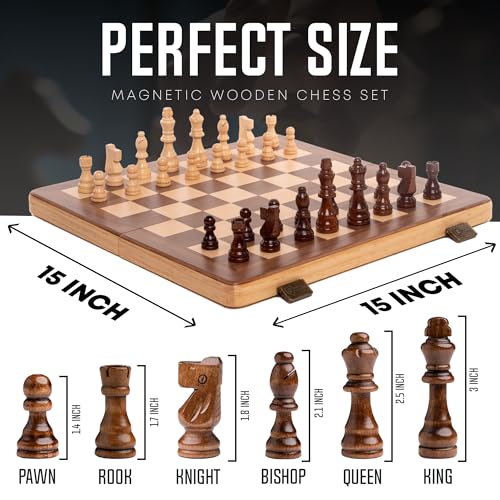 Chess Armory 15 Inch Magnetic Wooden Chess Set for Adults & Kids - Folding Travel Chess Board with Handcrafted Staunton Pieces, Extra Queens, and Storage Slots - Image 3