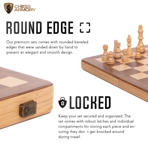 Chess Armory 15 Inch Magnetic Wooden Chess Set for Adults & Kids - Folding Travel Chess Board with Handcrafted Staunton Pieces, Extra Queens, and Storage Slots - Image 5