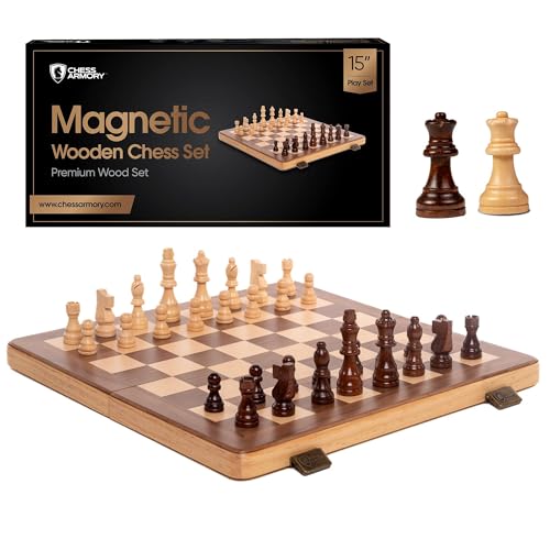 Chess Armory 15 Inch Magnetic Wooden Chess Set for Adults & Kids - Folding Travel Chess Board with Handcrafted Staunton Pieces, Extra Queens, and Storage Slots - Image 1