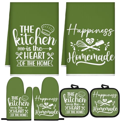 Sratte 6 Pcs Kitchen Decor Accessories Set Farmhouse Towels Pot Holders Oven Mitts Set 2 Dish Towels 2 Potholders 2 Cooking Mittens Oven Glove for Christmas Baking CookingAvocado GreenKitchen - Image 1