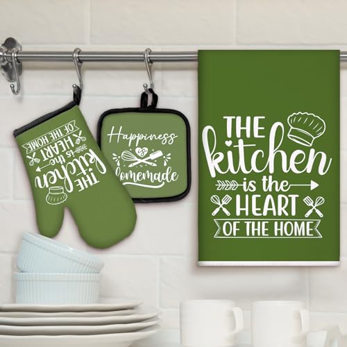 Sratte 6 Pcs Kitchen Decor Accessories Set Farmhouse Towels Pot Holders Oven Mitts Set 2 Dish Towels 2 Potholders 2 Cooking Mittens Oven Glove for Christmas Baking CookingAvocado GreenKitchen - Image 3