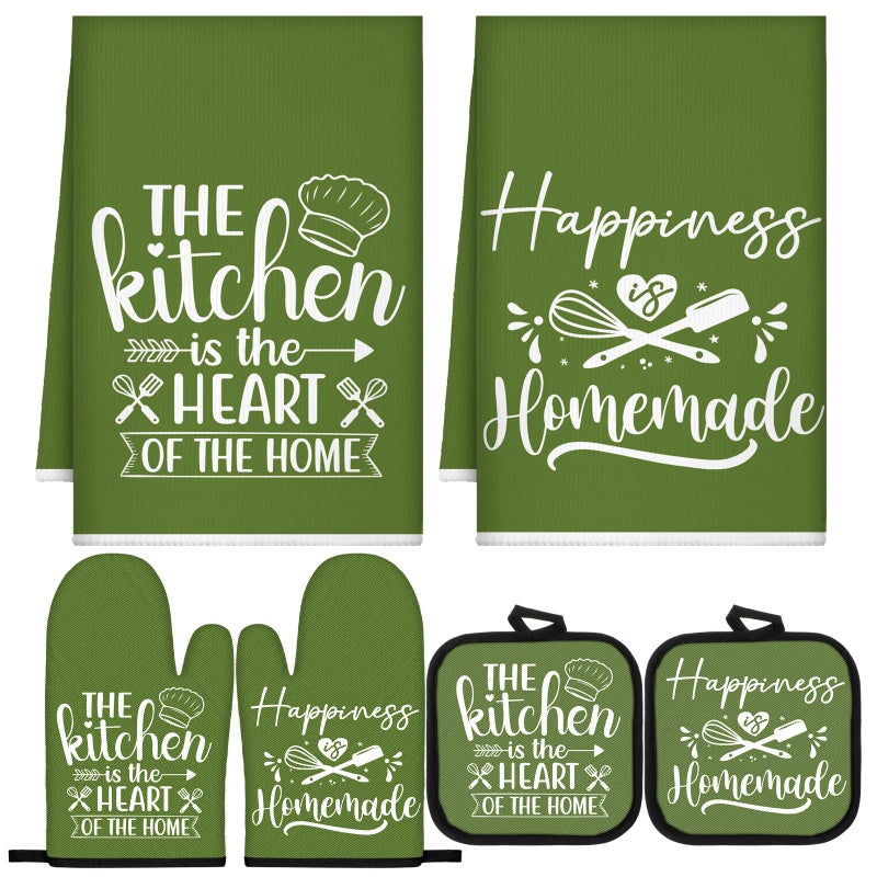 Sratte 6 Pcs Kitchen Decor Accessories Set Farmhouse Towels Pot Holders Oven Mitts Set 2 Dish Towels 2 Potholders 2 Cooking Mittens Oven Glove for Christmas Baking CookingAvocado GreenKitchen - Image 2