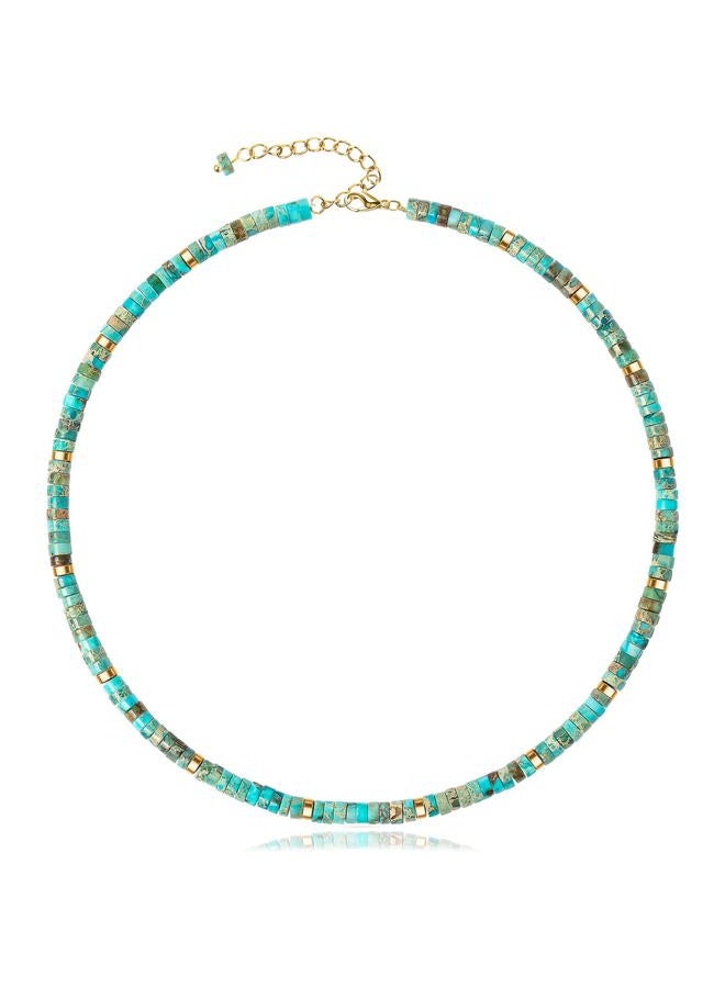 AGOT Beaded Gemstone Necklace for Women: Boho Bead Choker Natural Stone Necklaces - Handmade Jewelry for Summer Beach, 16 inches (standard), 18 inches (with extension), Stone, Turquoise - Image 1