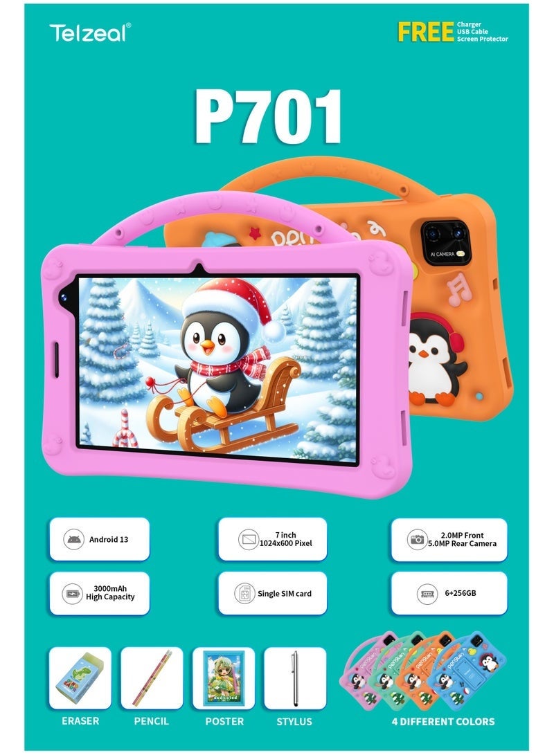 Telzeal P701 Kids Tablet 7-Inch Android 13 with Dual Camera, 6GB RAM + 256GB Storage, 3000mAh Battery, Parental Control, Educational Apps, Eye Protection Display & Durable Case for Children – Pink - Image 5