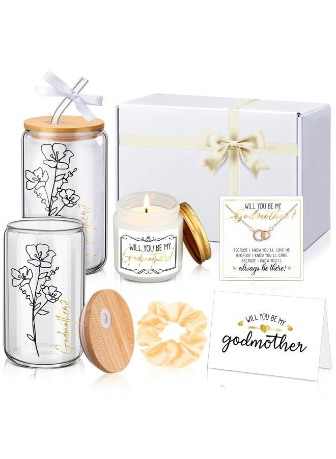 Singhoow 6 Pcs Godmother Proposal Gift Set, Will You Be My Godmother Gift Box, 16oz Glass Cup, Necklace & Scented Candle from Godchild for Baptism Mother's Day Birthday(English,White) - Image 1