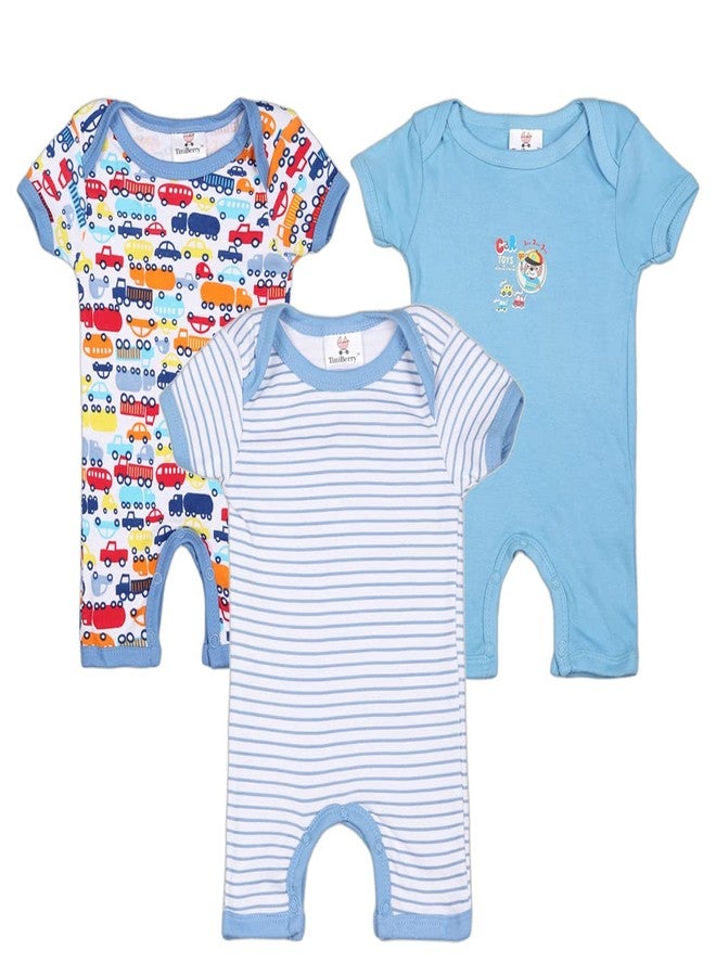 TiniBerry 100% Cotton Sleep Rompers/Sleepsuits/Jumpsuit/Bodysuit Night Suits for Baby Boys & Girls, Infants, New Borns (Pack of 3) (0-3 Months, LIGHT BLUE) - Image 1