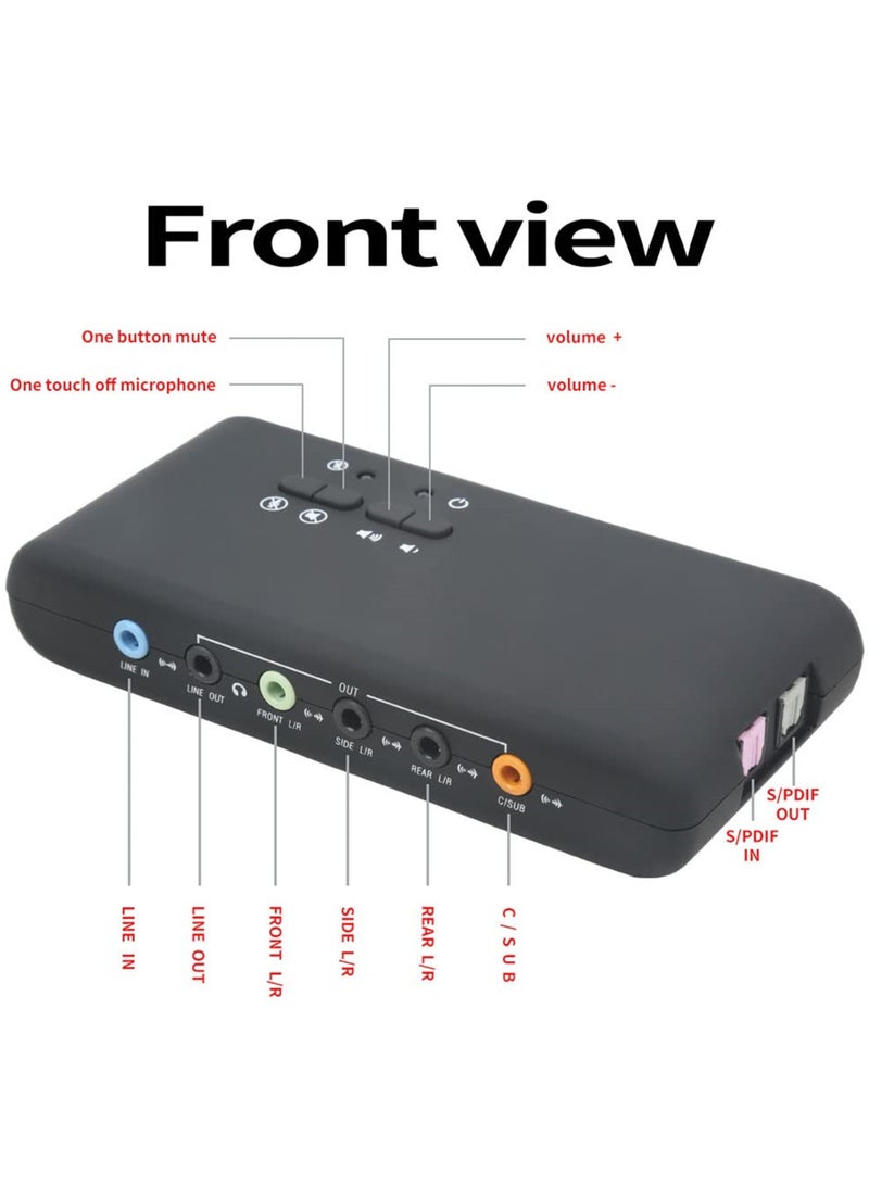 بطاقة صوت USB 7.1 مع موصلات صوتية 3.5mm، معدل عينة 48KHz، محول رقمي إلى صوت 8 قنوات، محول صوت إلى رقمي 2 قناة، إدخال وإخراج S/PDIF، دعم التكرار، برنامج Cmedia مستقل لويندوز فقط. - Image 2