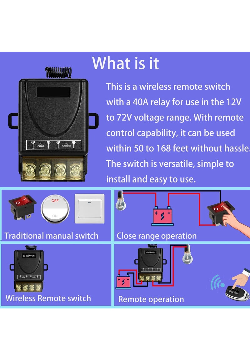 SYOSI - Wireless Relay Remote Switch, 328 ft Long Range, DC 12V/24V/48V/72V 40A Relay Switch, for All Kinds of DC Motors, Industrial Control, Luminaire Controll - Image 1
