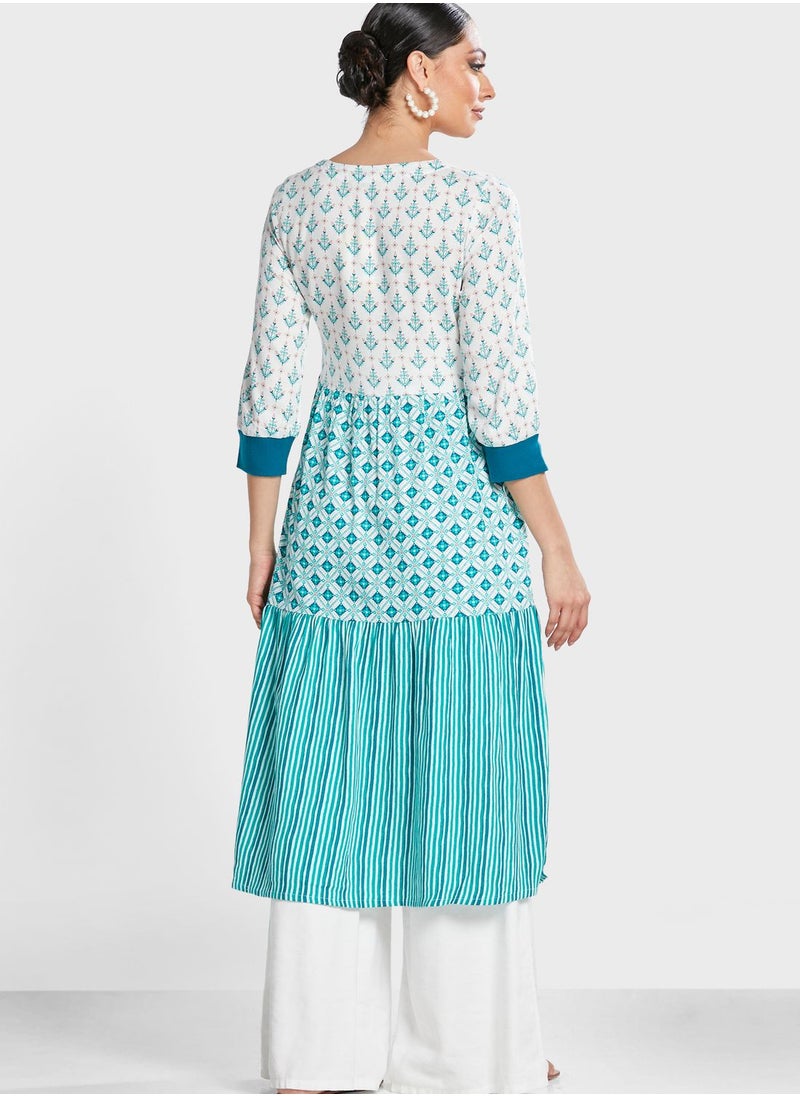 globaldesi - V-Neck Printed Kurti - Image 1