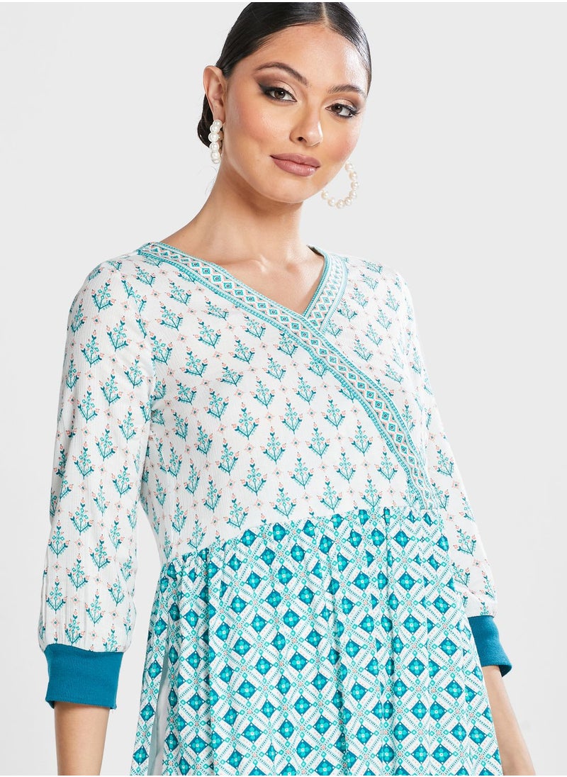 globaldesi - V-Neck Printed Kurti - Image 1