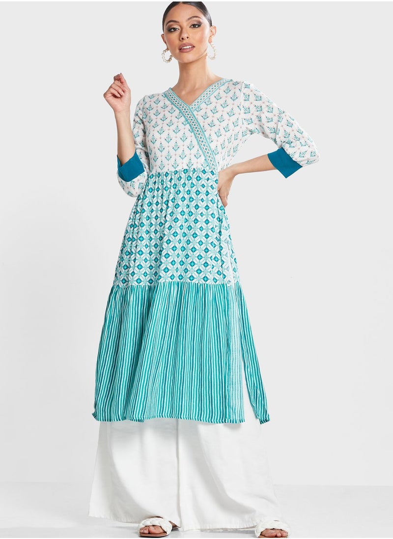 globaldesi - V-Neck Printed Kurti - Image 1
