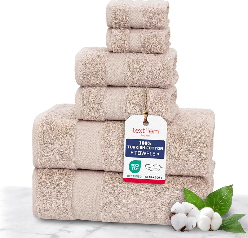TEXTILOM 100% Turkish Cotton 6 Pcs Bath Towel Set, Luxury Bath Towels for Bathroom, Soft & Absorbent Bathroom Towels Set (2 Bathtowels, 2 Hand Towels, 2 Washcloths)- Beige - Image 1