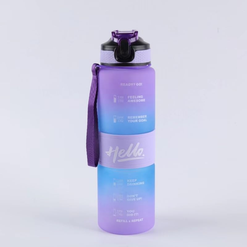JUGTE plastic Water Bottles 1 Litre Sipper Bottle For Adults Motivational Water Bottle Sipper With Straw & Time For Gym Office School Home Water Bottle For Kids (Purple Blue) - Image 1