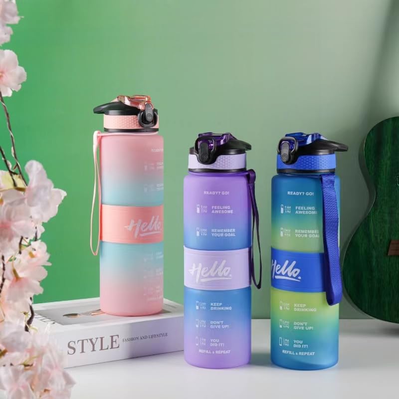 JUGTE plastic Water Bottles 1 Litre Sipper Bottle For Adults Motivational Water Bottle Sipper With Straw & Time For Gym Office School Home Water Bottle For Kids (Purple Blue) - Image 5