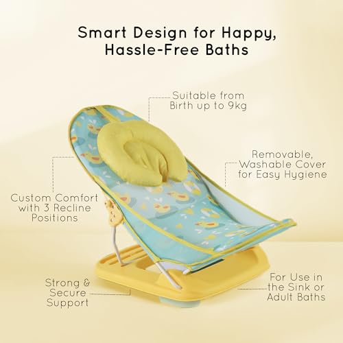 Nuluv Premium Baby Bather | Bath Chair for Newborn and Infants 0-3 Months | Foldable | 3 Position Adjustable Chair | Anti Skid Base | Washable Soft Mesh Seat | for Babies Upto 5Kg (Sunshine) - Image 4