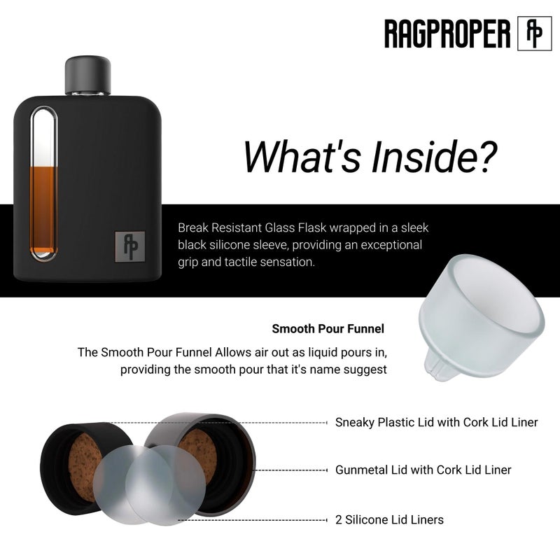Ragproper Glass Hip Flask Set for Men â€“ Modern Whiskey & Liquor Flasks with Cork & Silicone Lid Liner, Durable Silicone Cover, Firm Grip & Curved Edges â€“ 100ml Single Shot and 240ml Double Shot, Black - Image 4