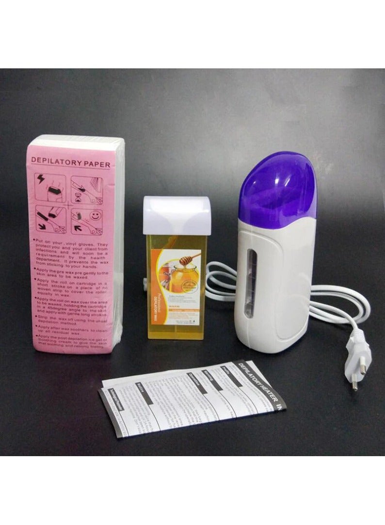 3 in 1 Roller Waxing Kit Depilatory Wax Warmer Strips for Hair Removal with Depilatory Heater Cartridge Paper Waxing Set