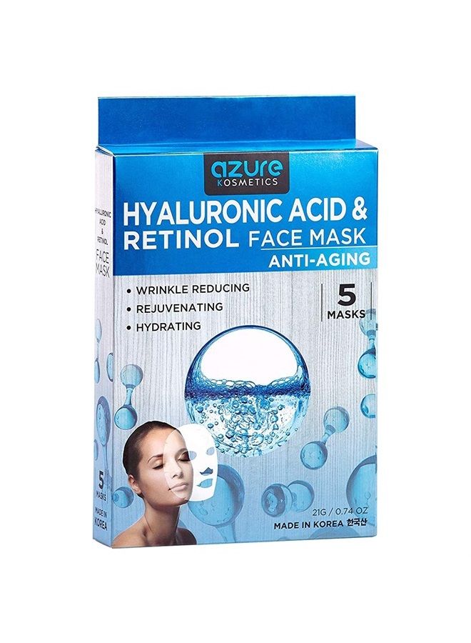 Azure Cosmetics AZURE Hyaluronic Acid & Retinol Anti Aging Facial Mask - Rejuvenating & Hydrating Face Mask - Helps Reduce Fine Lines & Wrinkles, Smooths & Repairs - Skin Care Made in Korea - 5 Pack - Image 1