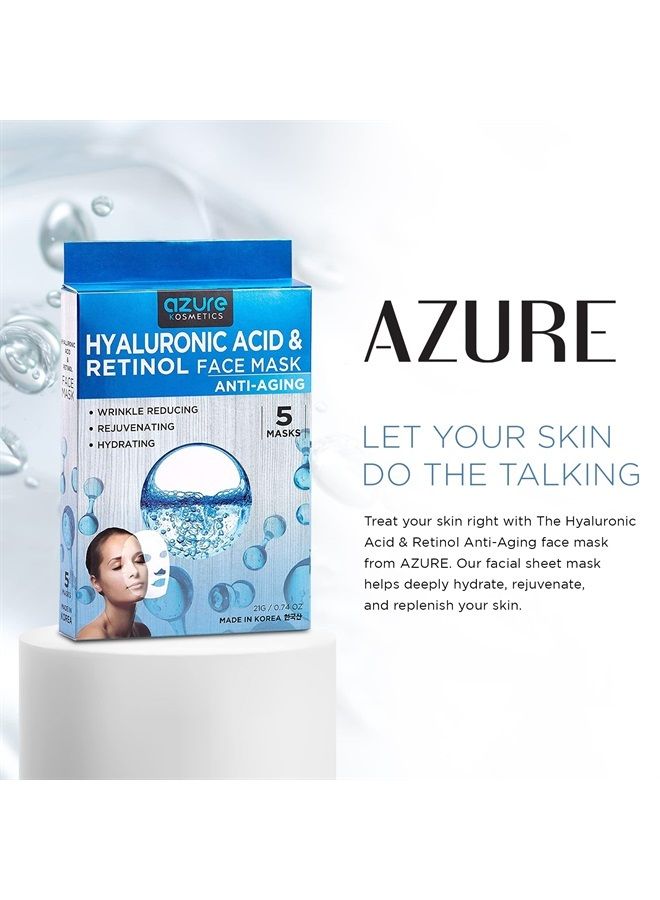 Azure Cosmetics AZURE Hyaluronic Acid & Retinol Anti Aging Facial Mask - Rejuvenating & Hydrating Face Mask - Helps Reduce Fine Lines & Wrinkles, Smooths & Repairs - Skin Care Made in Korea - 5 Pack - Image 3