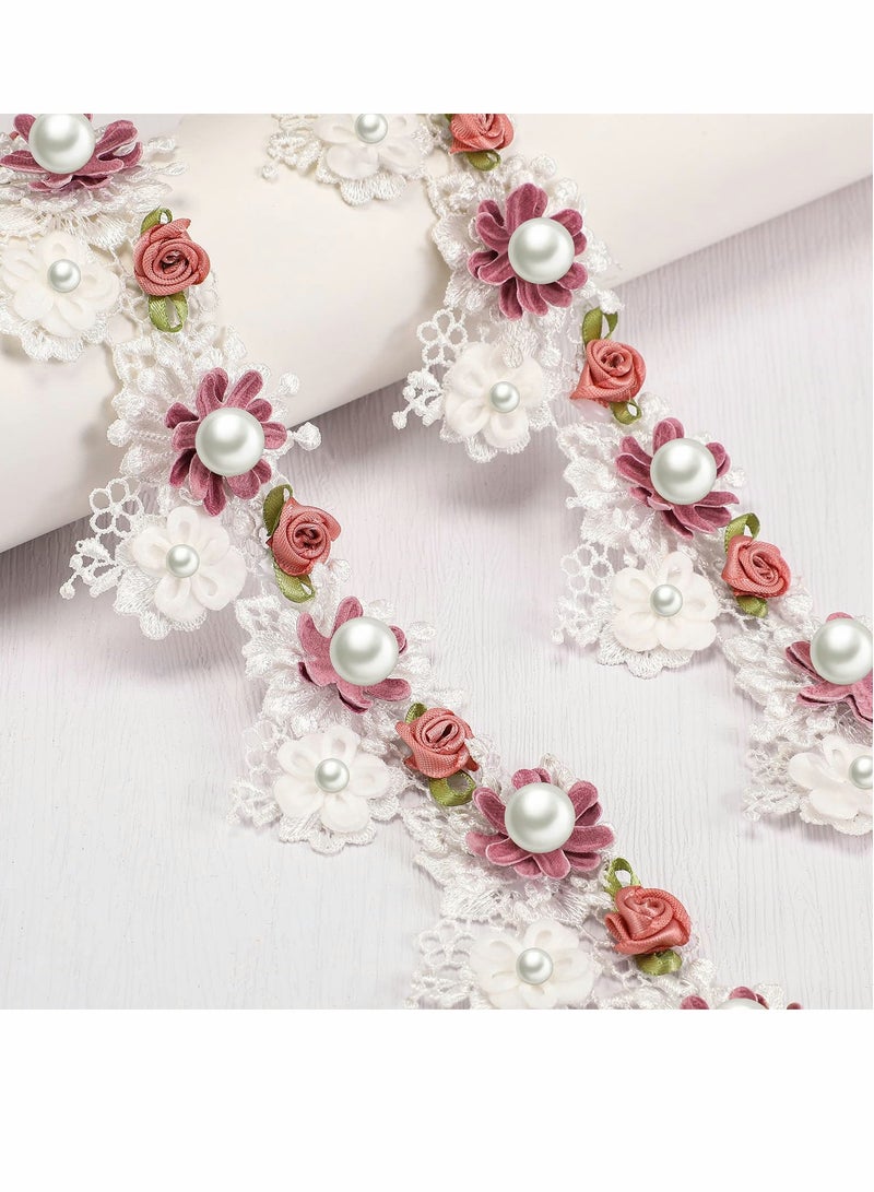 Excefore Flower Pearl Beads Lace Edge Trim Ribbon, 5.5 cm Width Vintage Style Trim Ribbon (1 Meter) - Image 1