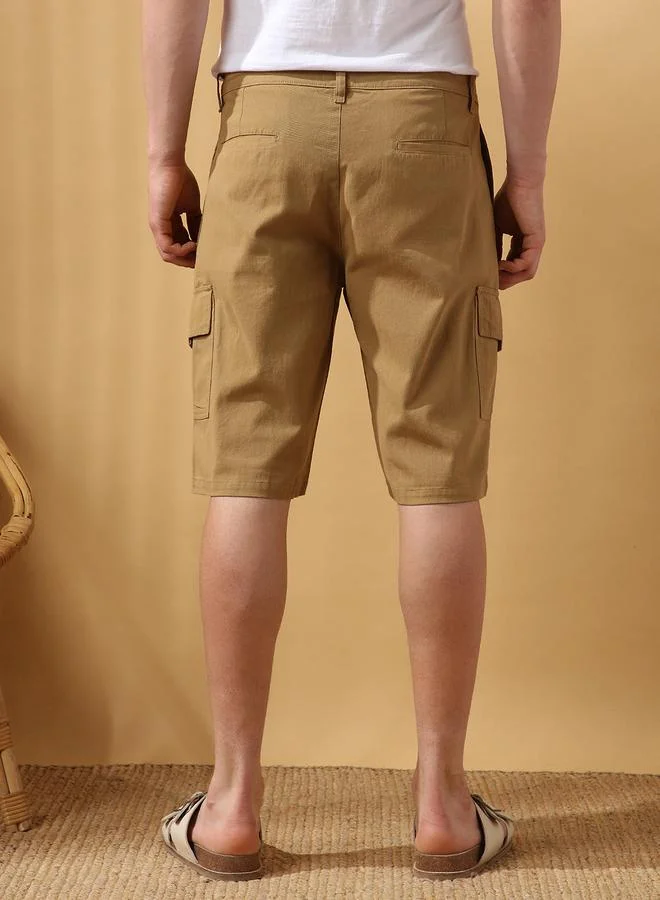 Dennis Lingo Khaki Men's Khaki 100% Cotton Solid Pattern Cropped Length Cargo Regular Fit Shorts for Men | Best Price UAE