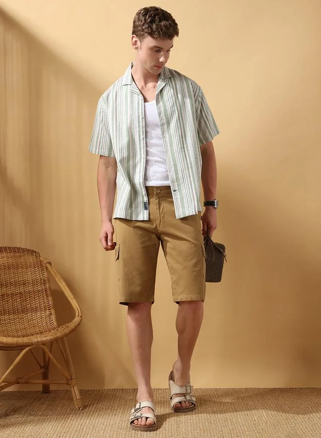 Dennis Lingo Men's Khaki 100% Cotton Solid Pattern Cropped Length Cargo Regular Fit Shorts