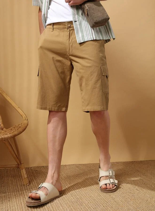 Dennis Lingo Khaki Men's Khaki 100% Cotton Solid Pattern Cropped Length Cargo Regular Fit Shorts for Men | Best Price UAE