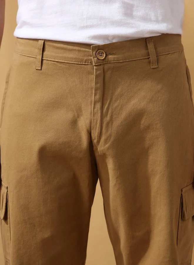 Dennis Lingo Khaki Men's Khaki 100% Cotton Solid Pattern Cropped Length Cargo Regular Fit Shorts for Men | Best Price UAE