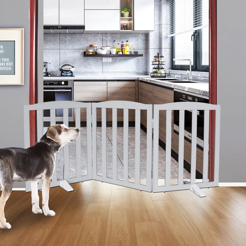 ZJSF Foldable Freestanding Indoor Dog Gate for House Wood Long Pet Gates Dog Fence for Stairs Puppy Gates for Hallways, Puppy Gate,Support Feet Included, Grey, 24 "Height-3 Panels - Image 2