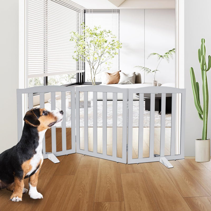 ZJSF Foldable Freestanding Indoor Dog Gate for House Wood Long Pet Gates Dog Fence for Stairs Puppy Gates for Hallways, Puppy Gate,Support Feet Included, Grey, 24 "Height-3 Panels - Image 1