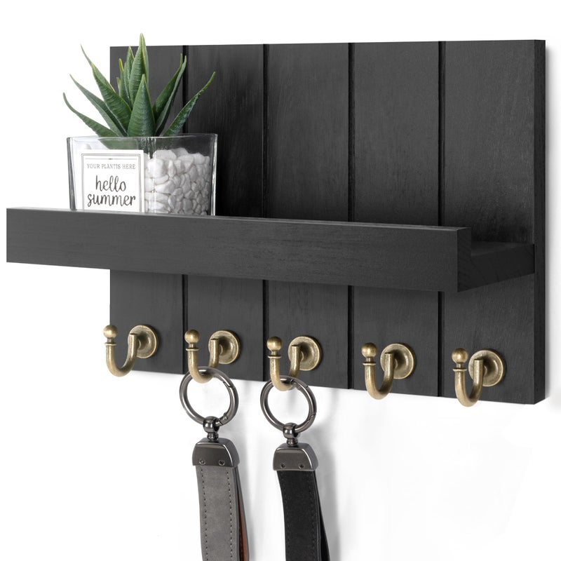 Rebee Vision Farmhouse Key Holder Wall Mount - Modern Key Holder for Living Room and Mail Organizer with Shelf & Hooks for Apartment Essentials - Home Decor Aesthetic (Black, 3.54"D x 10"W x 7.28"H) - Image 1