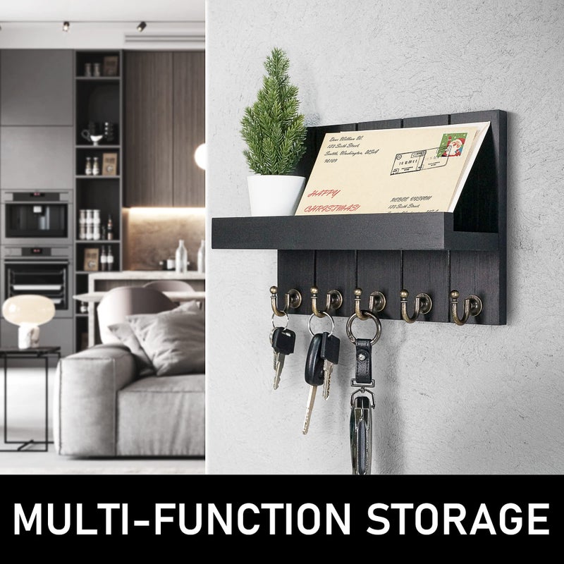 Rebee Vision Farmhouse Key Holder Wall Mount - Modern Key Holder for Living Room and Mail Organizer with Shelf & Hooks for Apartment Essentials - Home Decor Aesthetic (Black, 3.54"D x 10"W x 7.28"H) - Image 2