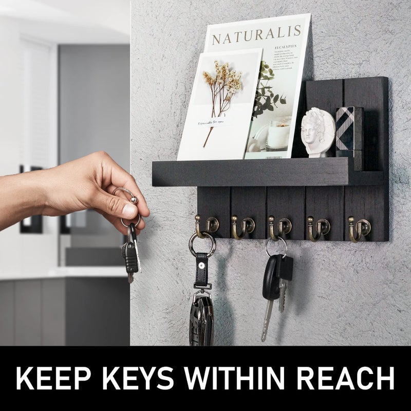 Rebee Vision Farmhouse Key Holder Wall Mount - Modern Key Holder for Living Room and Mail Organizer with Shelf & Hooks for Apartment Essentials - Home Decor Aesthetic (Black, 3.54"D x 10"W x 7.28"H) - Image 3