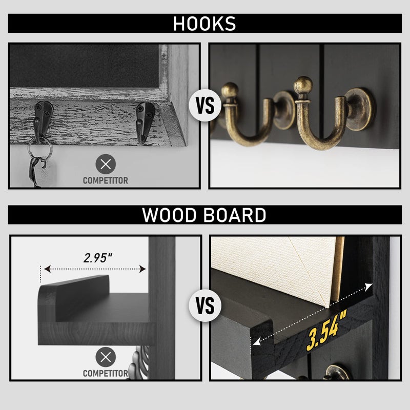 Rebee Vision Farmhouse Key Holder Wall Mount - Modern Key Holder for Living Room and Mail Organizer with Shelf & Hooks for Apartment Essentials - Home Decor Aesthetic (Black, 3.54"D x 10"W x 7.28"H) - Image 5