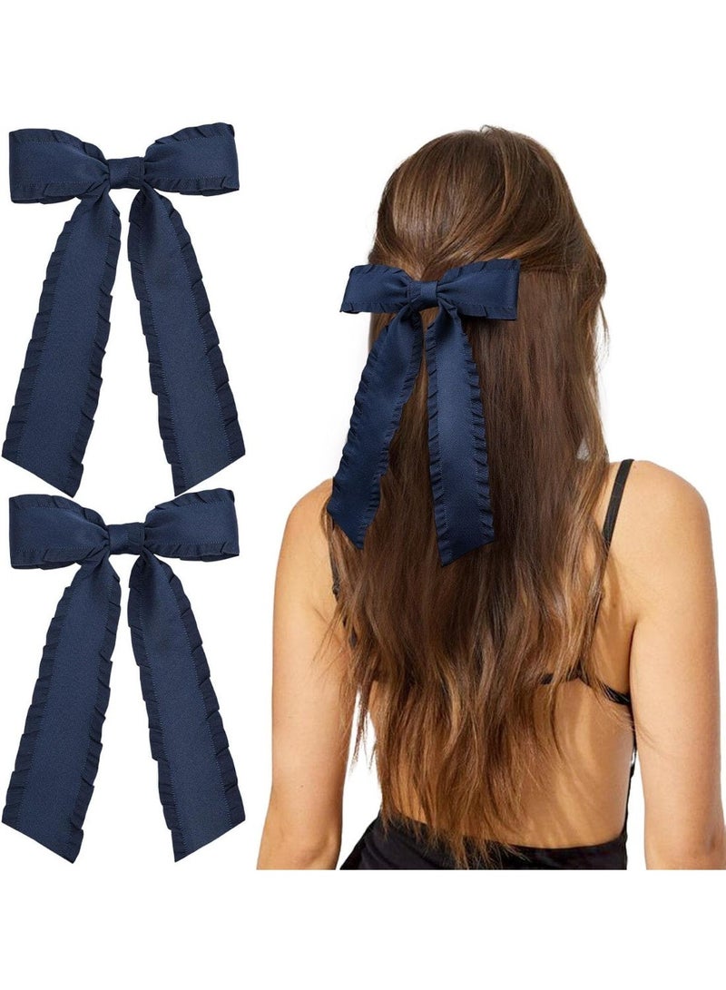 2 Pieces of Ladies and Girls' Hair Accessories, Ruffled Bow Ribbon Hairpin, Long Tail Hairpin Girl Hair Accessories, Fringed Hair Bands, Bow Hair Clips, Suitable for Ladies and Girls, Navy Blue - Image 1