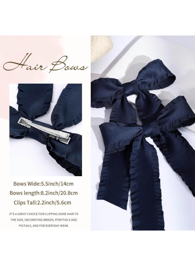 2 Pieces of Ladies and Girls' Hair Accessories, Ruffled Bow Ribbon Hairpin, Long Tail Hairpin Girl Hair Accessories, Fringed Hair Bands, Bow Hair Clips, Suitable for Ladies and Girls, Navy Blue - Image 3