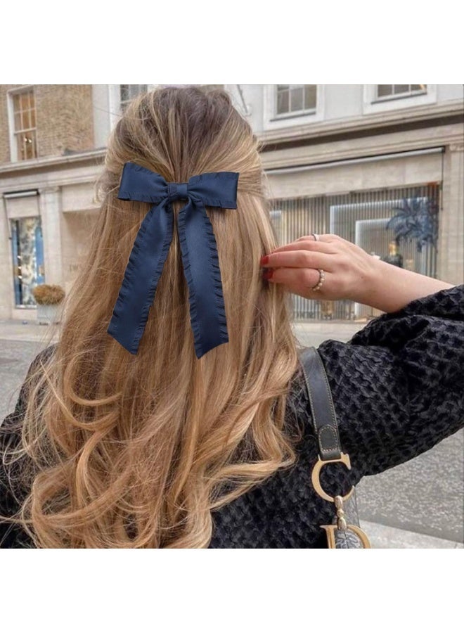 2 Pieces of Ladies and Girls' Hair Accessories, Ruffled Bow Ribbon Hairpin, Long Tail Hairpin Girl Hair Accessories, Fringed Hair Bands, Bow Hair Clips, Suitable for Ladies and Girls, Navy Blue - Image 4