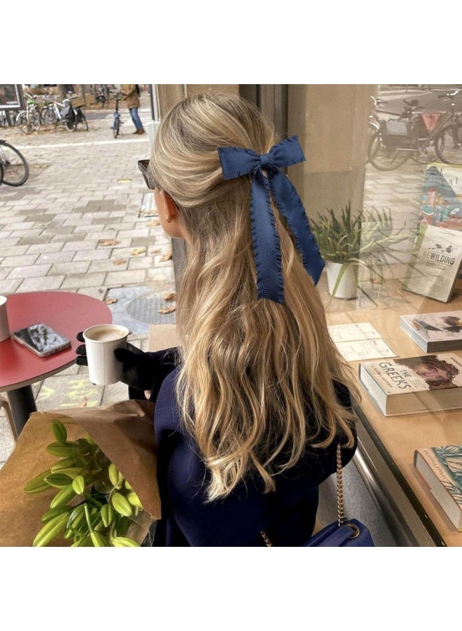 2 Pieces of Ladies and Girls' Hair Accessories, Ruffled Bow Ribbon Hairpin, Long Tail Hairpin Girl Hair Accessories, Fringed Hair Bands, Bow Hair Clips, Suitable for Ladies and Girls, Navy Blue - Image 2