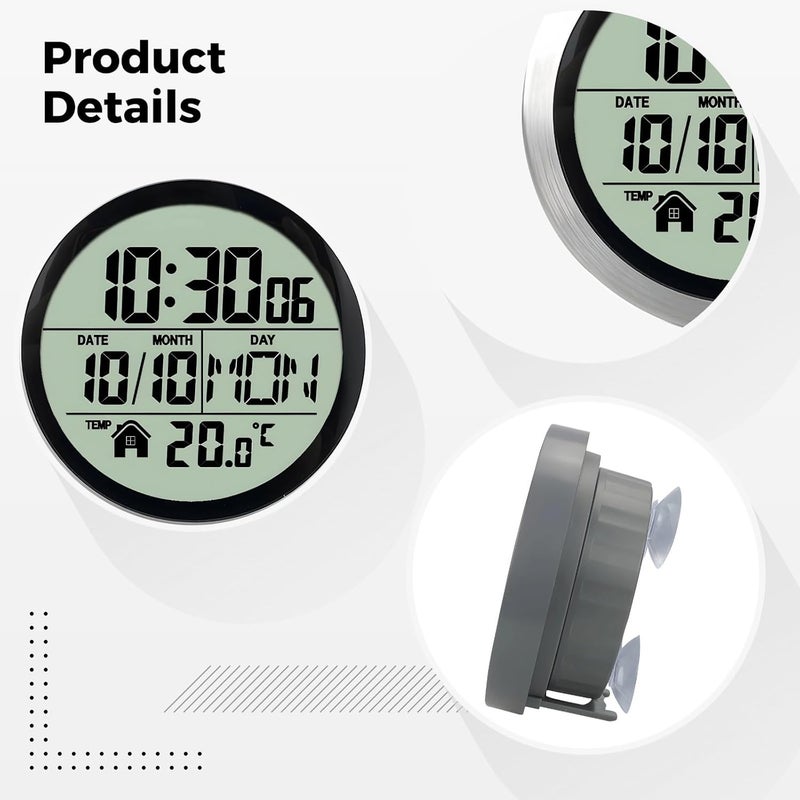 Waterproof Wall Clock for Showers, Silent Non-Ticking Clock for Kitchen and Bathroom, Time, Date, Temp Display, Aluminum Frame, Easy Installation - Image 3