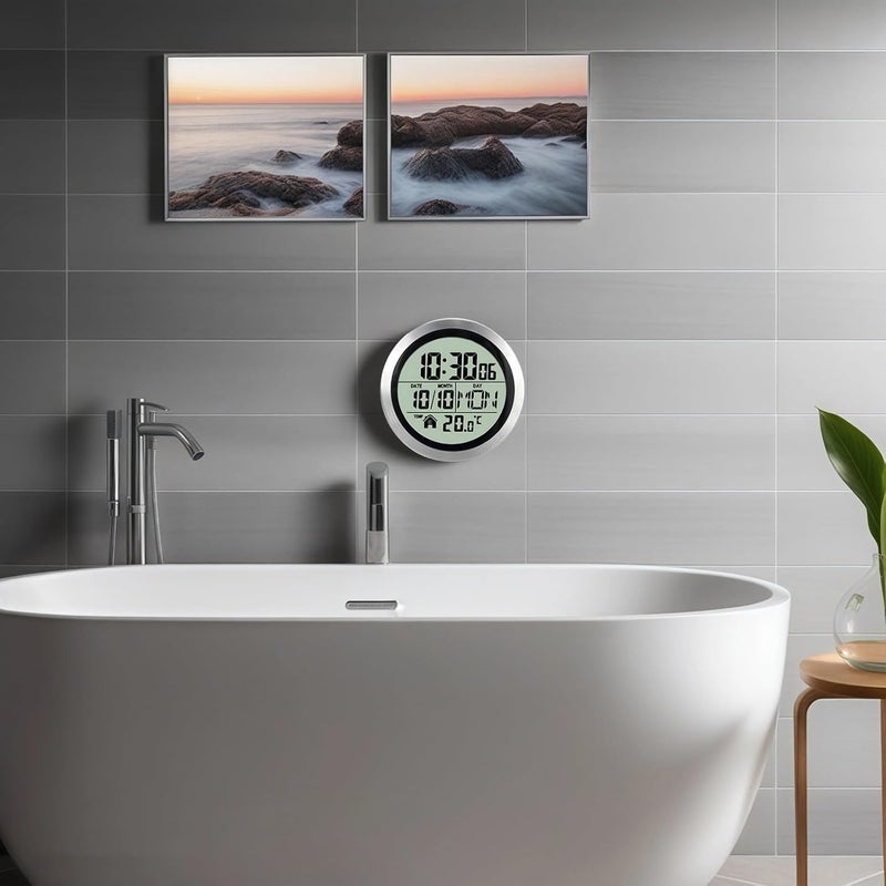 Waterproof Wall Clock for Showers, Silent Non-Ticking Clock for Kitchen and Bathroom, Time, Date, Temp Display, Aluminum Frame, Easy Installation - Image 5
