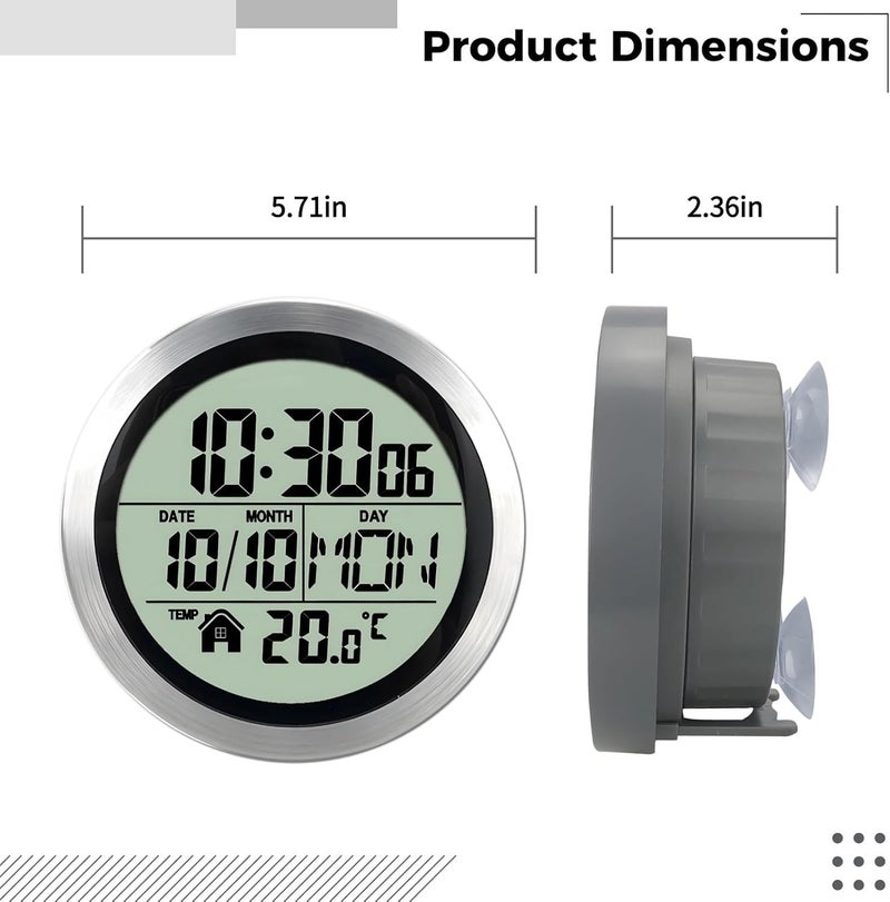 Waterproof Wall Clock for Showers, Silent Non-Ticking Clock for Kitchen and Bathroom, Time, Date, Temp Display, Aluminum Frame, Easy Installation - Image 2